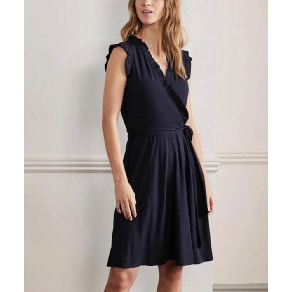 Boden Navy Ruffle Faux Wrap Jersey Dress Sleeveless Fit Flare US 12L UK 16L